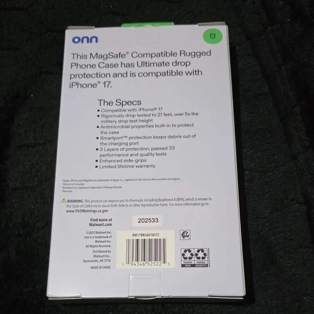 onn MagSafe Compatible Rugged Phone Case for iPhone 17 - Black‎ New In Box
